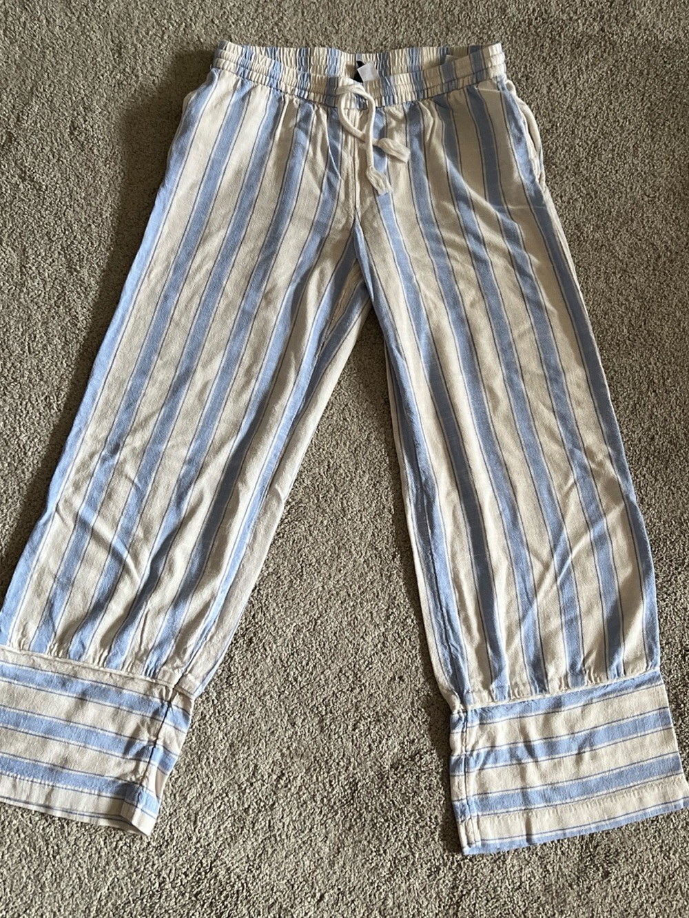H&M DIVIDED Blue & White Striped Linen Blend Wide Leg Pants Pockets Vertical